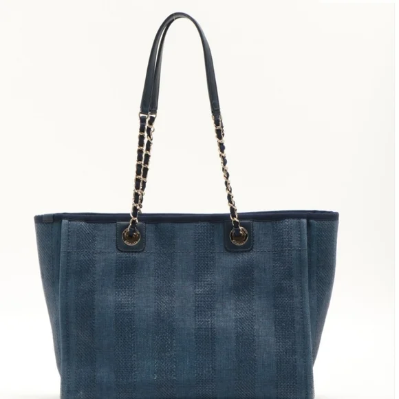 Chanel Mixed Fibers Striped Small Deauville Tote Navy Blue - Picture 2 of 16